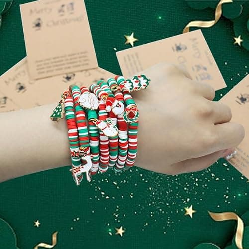 VALIJINA 7 Pcs Christmas Bracelet Set Stretch Bracelets with Christmas card Heishi Surfer Christmas Bracelets bulk bracelets for Women xmas gifts thumbnail 5