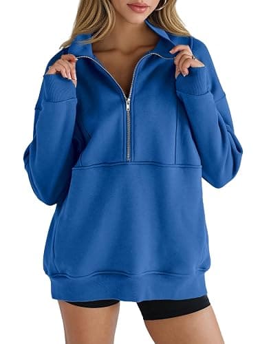 Women's Half Zip Sweatshirts Fleece Stand Collar Long Sleeve Thumb Hole Oversized Pullovers with Pockets - Image 1