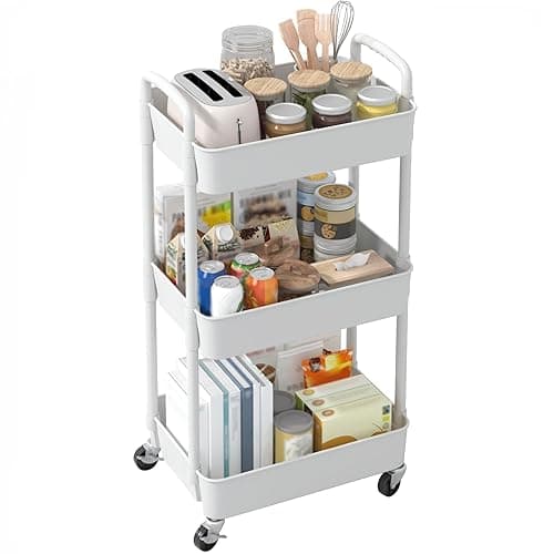 Sywhitta 3-Tier Plastic Rolling Utility Cart with Handle, Multi-Functional Storage Trolley for Office, Living Room, Kitchen, Movable Storage Organizer with Wheels, White thumbnail 10