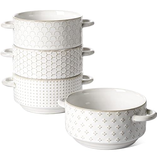 LE TAUCI Soup Bowls with Handles, 20 oz French Onion Soup Crocks, Stackable Soup Bowl Oven Safe for Chili, Beef Stew, Embossment Ceramic Bowl Set - 5.4 Inch, Set of 4, Arctic White - Image 1