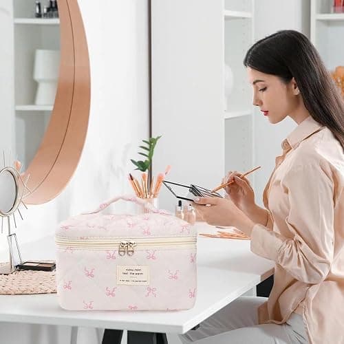 MZLUWM Large Travel Quilted Makeup Bag，Cute Bow Cotton cosmetic bag, Fashionable aesthetic makeup bag,Coquette Aesthetic Floral Travel Toiletry Bag for Women and Girls thumbnail 7