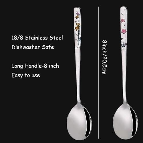 YAPULLYA Korean Soup Spoons, 18/8 Stainless Steel Long Handle 8 Inch Tablespoon, Asian Metal Dinner Spoons, Set of 4 (flowers) thumbnail 3