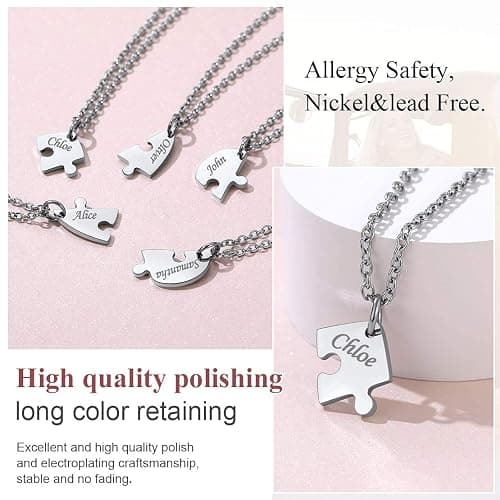 FindChic Personalized Matching BFF Necklace for 2/3/4/5/6 Puzzle Name Heart Pendant Stainless Steel Couple Necklace Set Customized Necklaces for Teen Girls thumbnail 4