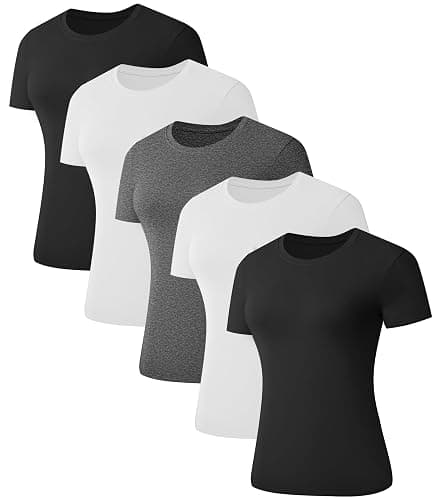 Kinglaman 5 Pack Women's Short Sleeve Basic T Shirts Tees, Slim Fit Crew Neck Tshirt Summer Tops for Casual Workout Trendy - Image 1