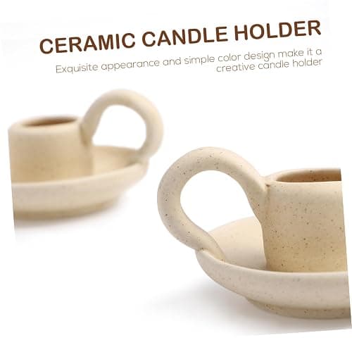 DOITOOL 2 Pcs Ceramic Candle Holder, Taper Candle Holder with Handle, Nordic Style Vintage Candlestick Holder for Halloween Christmas Home Decoration Desktop Ornament (Beige) thumbnail 8