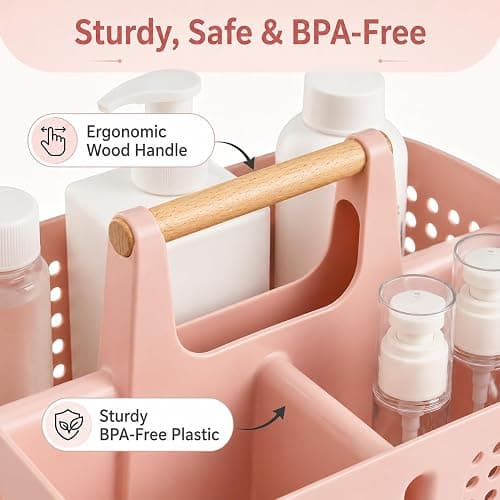 PAKCHOICE Portable Shower Caddy Basket with Wood Handle, 3-Compartment Bathroom Organizer Tote with Drain Holes, Plastic Shower Basket for Dorm, Toiletries, Cleaning Supplies, Pink thumbnail 6