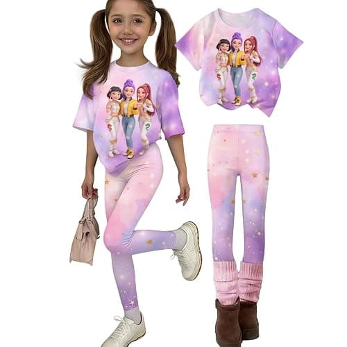K Pop Outfits Set for Girls Short Sleeve T-Shirt and Long Pants Cute Cartoon Print Graphic Tees Merch Costume 2 Piece - Image 1