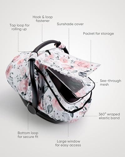 Sweetwavet Car Seat Cover Baby Girls, Infant Car Seat Canopy Outdoor, 2 Layers with Mesh and Sun Shade Window for Summer Winter, Easy Access Carseat Covers Snug Fit Baby Stroller - Pink Floral thumbnail 7