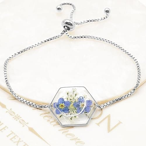 Forget-Me-Not and Queen Anne's Lace Pressed Wildflower Bracelet,Gold Pressed Wildflowers Resin Bracelet,Personalized Handmade Bracelet thumbnail 3