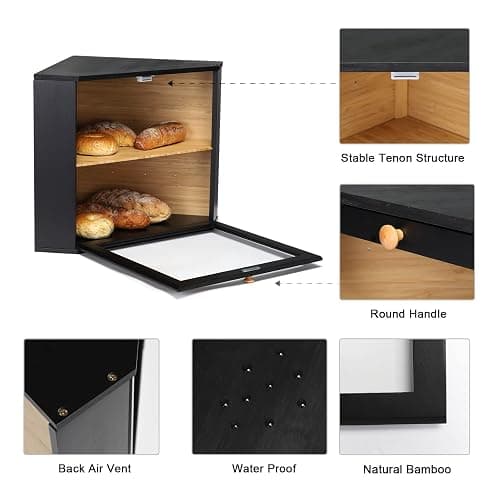 Leader Accessories Corner Bread Bin Bamboo Two-Layer Bread Box for Kitchen Corner fit 12.6"x12.6"x13.4" Black thumbnail 5