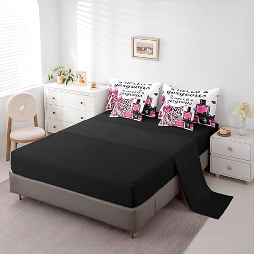 Erosebridal Black and Pink Leopard Print Comforter Set King Size | Fashion Modern Girly Bedding Set 7 Pieces Bow Perfume High Heels Bed Sets Trendy Stylish Girls Bed in A Bag with Flat Fitted Sheets thumbnail 4