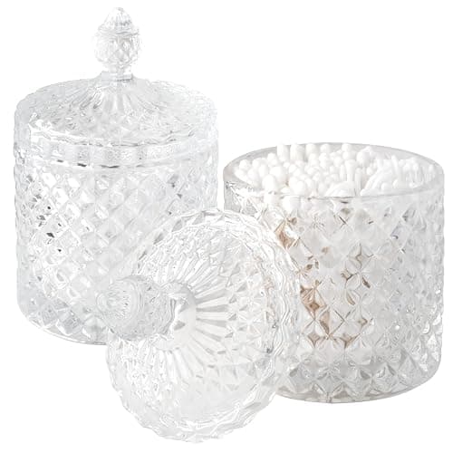 2 Pack Qtip Holder Thick Glass Apothecary Jars with Lid for Bathroom Decor Storage Organizer for Cotton Swabs, Balls, Pads, Floss Picks, Candy, Jewelry, Clear - Image 1