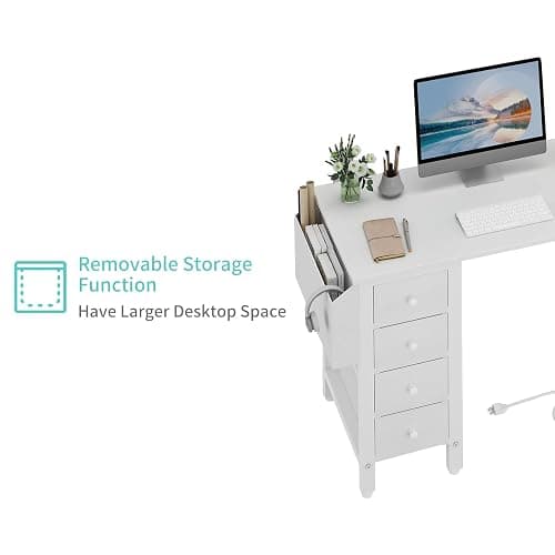 Lufeiya White L Shaped Computer Desk with Drawers & Storage Shelves, 47 Inch Corner Reversible Desk with Power Outlet for Home Office Bedroom, L-Shaped Teen PC Desks with Fabric Drawer, White thumbnail 7