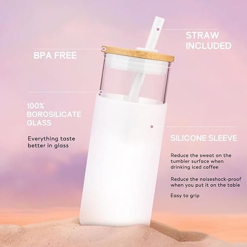 Tronco 20 oz Glass Tumbler with Lids and Straws, Reusable Iced Coffee Cups | Borosilicate Glass Cups with Bamboo Lid, Silicone Sleeve, Dishwasher Safe, Cup Holder Friendly, BPA-Free, Iced Coffee Tumbler thumbnail 5