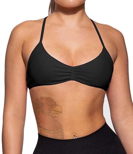 TZLDN Women Halter Backless Sports Bra Front Scrunch Yoga Gym Activewear | Seamless Thin Strap Craft Removable Shock Absorbing Pads Light Medium Support Stretch Soft Fit for Fitness Rave Party Outfits - Image 1