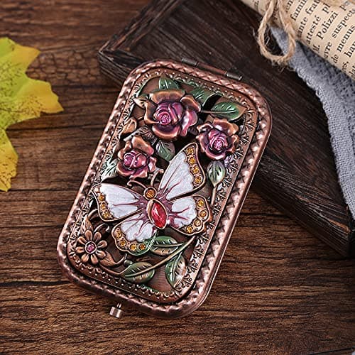 Warmtree Vintage Makeup Mirror Metal Portable Foldable Mirror Butterfly Vanity Mirror Double Sided Compact Cosmetic Mirror Travel Mirror (A) thumbnail 2