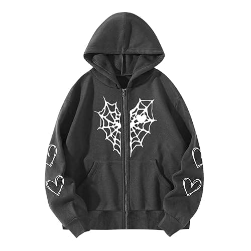 POHADON Oversized Y2K Zip Up Hoodie for Women Men Gothic Spider Web Heart Graphic Sweatshirt Punk Harajuku Alt Emo Streetwear - Image 1