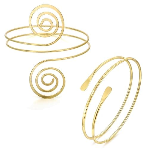 BOMAIL 2Pcs Gold Arm Cuff Bracelets Set for Women Open Adjustable Upper Arm Bangles Coil Swirl Armlet Armband Set Minimalist Upper Arm Cuff Jewelry for Women - Image 1