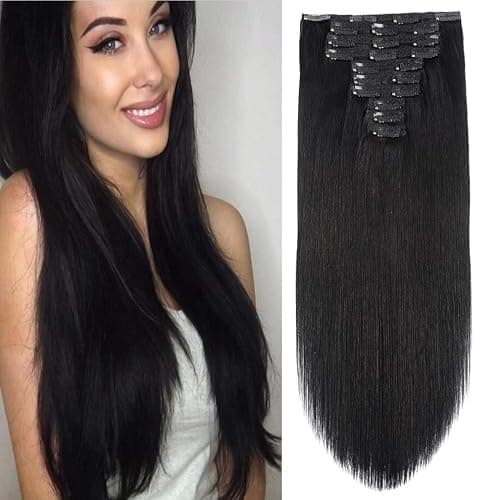 22" Clip in Human Hair Extensions Full Head 200g 10 Pieces 22 Clips 1# Jet Black Double Weft Brazilian Real Remy Hair Extensions Thick Straight Silky (22",200g Jet Black) - Image 1