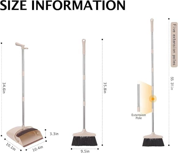 XXFLOWER Broom and Dustpan Set with Long Handle, Light Weight Stainless Steel Poles Stand Upright Dustpans with Broom Combo for Home Kitchen Office Pet Dog Hair, Brown & Beige Color, 1-Pack thumbnail 2