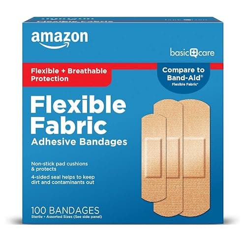 Amazon Basic Care Flexible Fabric Adhesive Bandages, First Aid for Wounds and Scrapes, Breathable First Aid Wound Care Supplies, Assorted Sizes, 100 Count - Image 1