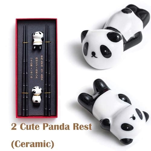 HauSun 2 Pairs Chopsticks and Chopstick Rest Gift Set- Dishwasher Safe Reusable Fiber Glass Chopsticks + Porcelain Cute Panda Chopstick Holder, Non-slip Chinese Japanese Style, Black thumbnail 6