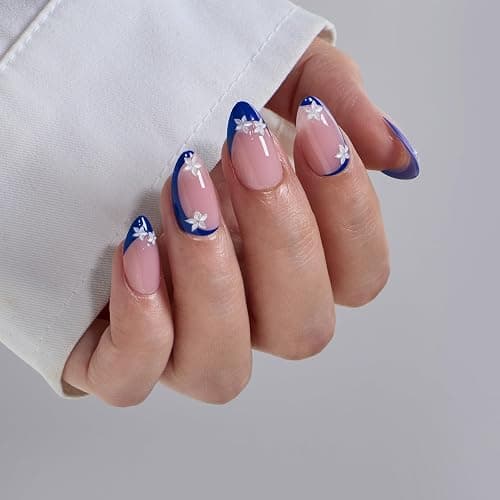 BTArtbox Press On Nails Short - Lamp-Curable Blue French Tip Almond Press On Nails with Glue for Women, Semi-Transparent Soft Gel Glue On Nails in 16 Sizes - 32 Stick On Nails Kit, Blue Blossom thumbnail 3