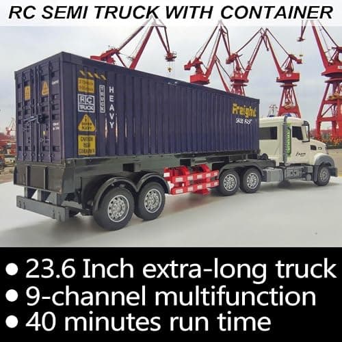 SNACKTANT 23.6-Inch 9-Channel Remote Control Semi Truck with Trailer – 1:24 Scale RC Container Carrier Truck Toy for Kids 3-8, Dual Batteries, Light & Sound Effects, Ultimate Gift for Boys & Girls thumbnail 4