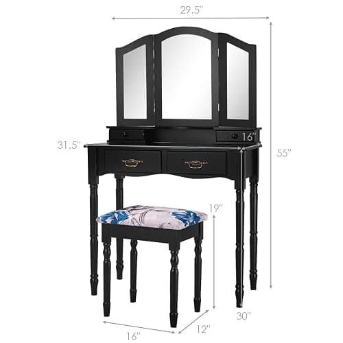 Giantex Vanity Set with Tri-Folding Mirror, Makeup Dressing Table with 4 Drawers and Storage Shelf, Modern Bedroom Bathroom Makeup Vanity Desk with Cushioned Stool for Girls Women (Black) thumbnail 3