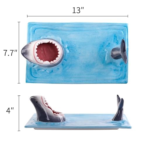 Light Blue Ceramic Shark Plate, Shark Sushi Plates, Funny Handmade Kitchen Salad Plates with Dipping Sauce Bowl, Microwave/Oven/Dishwasher Safe Plates, Holiday Birthday Gifts for Shark Party Lovers thumbnail 3