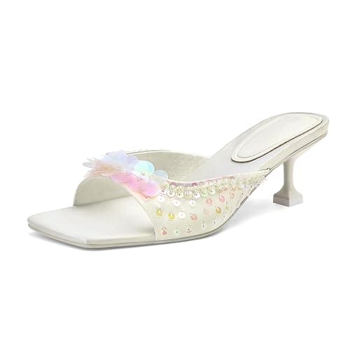 SOVANYOU Sequin Kitten Heels for Women Square Toe Heeled Mules Floral Open Toe Heeled Sandals for Casual Dress - Image 1