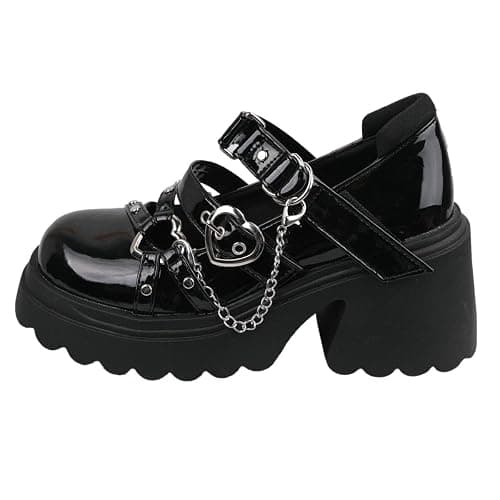 Parisuit Womens Goth Platform Mary Janes Heels Buckle Chain Punk Cosplay Shoes Ankle Strap Chunky Heel Round Toe Pumps - Image 1