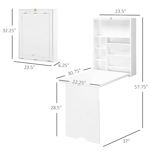 HOMCOM Wall Mounted Fold Out Convertible Desk, Multi-Function Floating Desk with Storage Shelf for Home Office, White thumbnail 3