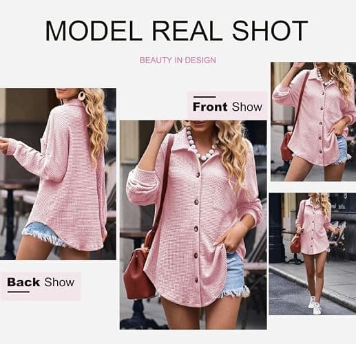 Dokotoo Womens Waffle Knit Shacket Jacket Casual Long Sleeve Button Down Shirts Dressy Blouses Tops thumbnail 4
