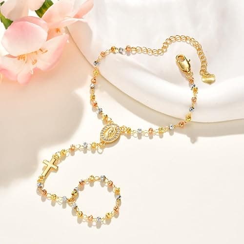 Gold Rosary Hand Chain Bracelet - 14k Gold Plated Virgin Mary Ring Bracelets,Non Tarnish Dainty Golden Rosarios Catolicos Hand Chains Jewelry,Trendy Religious Rosary Beads Hand Bracelet Gift for Women thumbnail 6