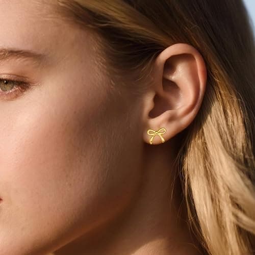 SLUYNZ Solid 925 Sterling Silver Tiny Bow Earrings Stud for Women Teens Small Bowknot post Stud Earrings - B-Gold Plated thumbnail 3
