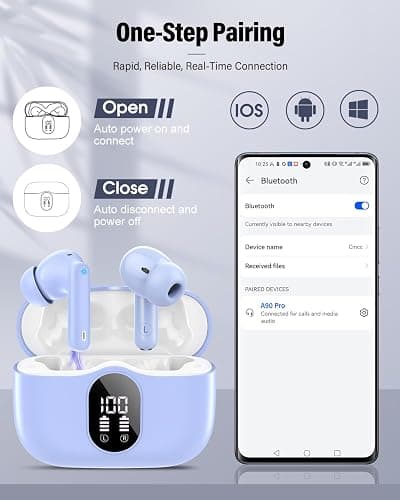 Wireless Earbuds, Bluetooth 5.4 Headphones Bass Stereo, Ear Buds with Noise Cancelling Mic, LED Display in Ear Earphones Clear Calls, IP7 Waterproof Bluetooth Earbuds for Laptop/Phones, Pale Blue thumbnail 5