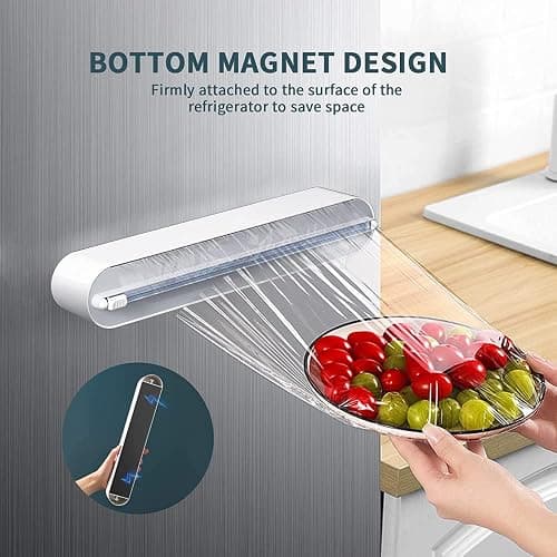 Refillable Magnetic Plastic Wrap Dispenser With Slide Cutter, Sturdy Food Cling Film Cutter, Press and Seal Wrap, 12" x 328' Roll BPA Free thumbnail 3