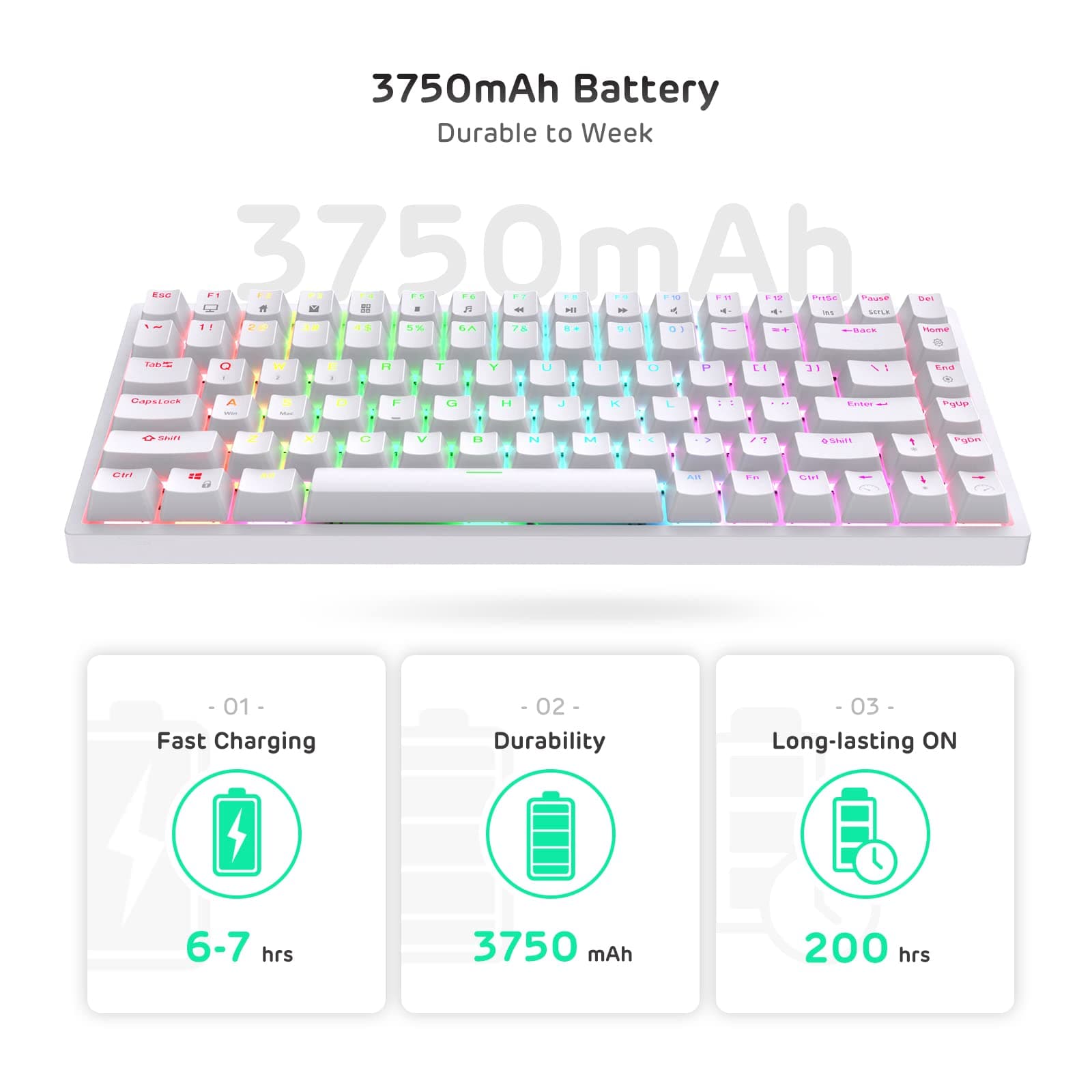 RK ROYAL KLUDGE RK84 Wireless Bluetooth/2.4Ghz 75% RGB Mechanical Gaming Keyboard, Three Modes Connectable Keyboard with Hot-Swappable Quiet Red Switch White thumbnail 9