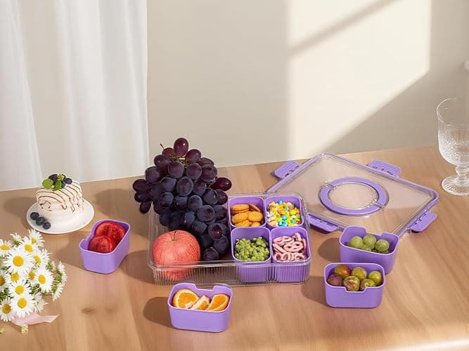 FEIOOD Patent Design Ribbed Snackle Box Container Divided Serving Tray with Lid and Handle -Charcuterie Container Portable Storage Organizer for Candy, Fruit, Beach, Picnics（1 pcs, Purple thumbnail 7