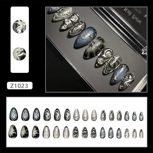 24Pcs Dark Gothic Press on Nails Medium Almond Fake Nails with 3D Irregular Line Design Silver Chrome False Nails Glossy Black Acrylic Nails Full Cover Glue on Nails Goth Stick on Nails for Women - Dark Gothic Nails-2 thumbnail 2