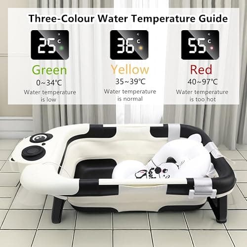 Collapsible Baby Bath Tub with Thermometer & Soft Cushion, Foldable Baby Bathtub Newborn to Toddler 0-36 Months, Portable Travel Bathtub Baby with Drain Plug, Save Space thumbnail 8