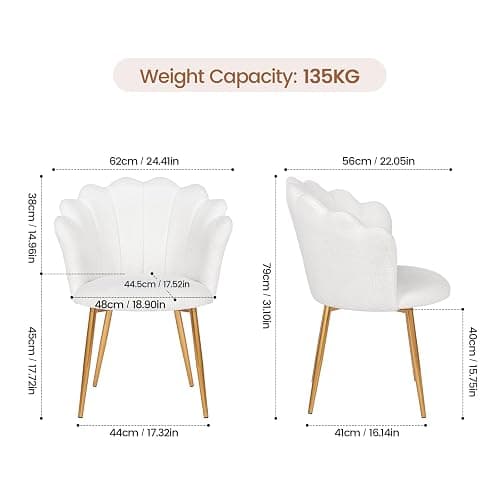 Armchair Tub Chair, Boucle Vanity Chair Shell Accent Chairs with Gold Plating Metal Legs, Leisure Single Sofa Dressing Chairs for Home, Office, Bedroom, Living Room, Dining Room (White) thumbnail 2