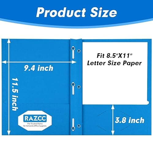 Two Pocket Folders, RAZCC 100 Pack Two Pocket with Prongs, 3 Prong Folders Fit Letter Size Paper, Pocket Paper File Folders for School Office Home Business, Assorted 5 Colors thumbnail 4