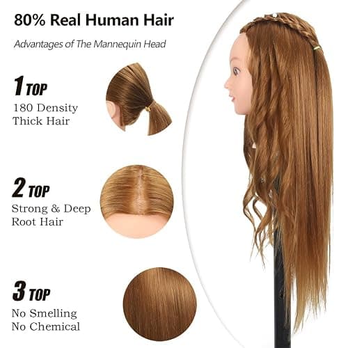 ZOMOI Mannequin Head with 80% Real Human Hair 26''-28"Cosmetology Mannequin Doll Head to Practice Hair Styles Hairdresser Practice Braiding Head(27# Light Brown) thumbnail 2