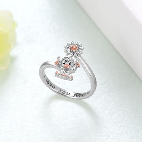 qielizhu Highland Cow Ring 925 Sterling Silver Adjustable Cute Cow/Capybara/Axolotl/Dragon/Panda Open Rings with Daisy Cow Jewelry Gift for Women thumbnail 3