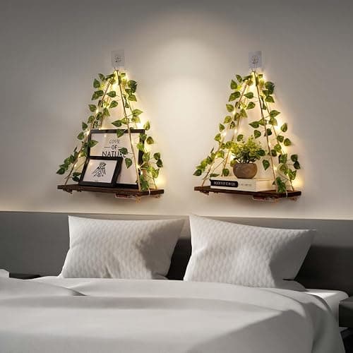 EXIN DECHEN Floating Shelves for Wall No Drilling,Wall Shelves,Hanging Shelf,Leaves and Light Strip with Flower,Set of 2 Plant Decor for Home Livingroom Bedroom,Led Room Decor Aesthetic,Gift thumbnail 4