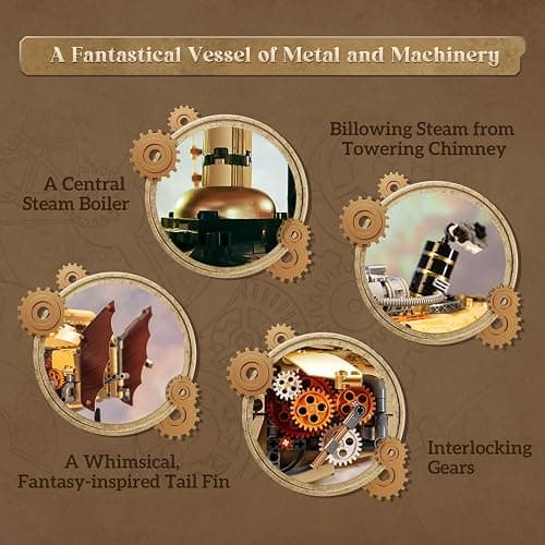 PANTASY Steampunk Airship Model Kit for Adults, Dual-Layer Zeppelin with Gear-Driven Mechanical System, DIY Building Blocks Set, Retro Sci-Fi Construction Toy for Collectors & Display thumbnail 3
