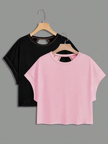 RoseSeek Girl's 2 Packs Open Back Backless Tops Short Sleeve T Shirts | Criss Cross, Crewneck Casual Tees, Teen Girls Size 10 12, Kids Clothes, Summer, Cute Shirt thumbnail 3
