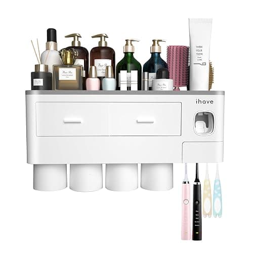 iHave Toothbrush Holders for Bathrooms, 4 Cups Toothbrush Holder Wall Mounted with Toothpaste Dispenser - Large Capacity Tray, 2 Cosmetic Drawer - Bathroom Organizer & Bathroom Accessories Set thumbnail 9